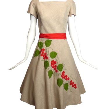 1950s Appliqué Linen Grape Dress, Size-6