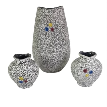 Grouping of 3 Mid Century Modern Crinkled Lava Glaze Pottery Vases by Jopeko Keramik Germany 1958
