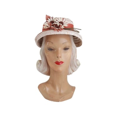 1940s White Straw Bonnet with Copper Orange Daisy Trim - 1940s Bonnet Hat - 1940s Orange Hat - 1940s White Hat - 1940s Straw Hat - 40s Hat 