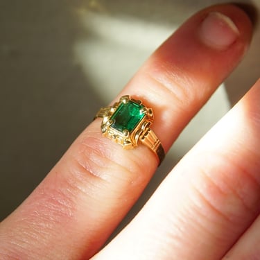 Mid-Century 10K Emerald Ring, Petite Yellow Gold Ring, Emerald-Cut Gemstone, Pinky Ring, Estate Jewelry, 4 1/4 US 