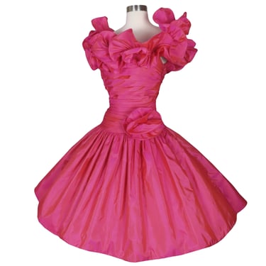 Vintage 80s Pink Ruffle Prom Party Dress M Medium Full Skirt Taffeta Lillie Rubin Fuchsia Best Womens 1980s Costume Queen Glam Formal Dance 