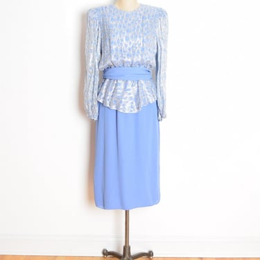 vintage 80s dress blue silver metallic peplum secretary mini dress L belted clothing 