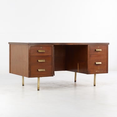Standard Furniture Style Mid Century Walnut and Brass with Formica Top Executive Desk - mcm 