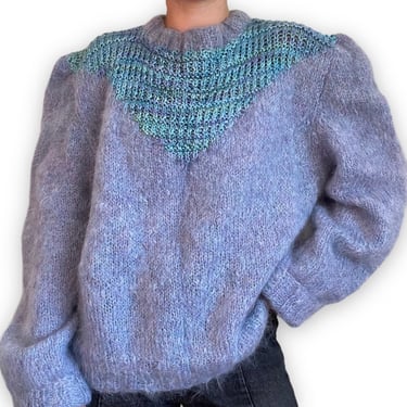 Vintage Hand Knit Blue Lavender Mohair Fluffy Soft Oversized Sweater Sz XL 
