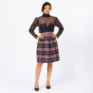 Vintage 80s Navy Blue & Red Plaid Pleated Skirt - Extra Small, 24