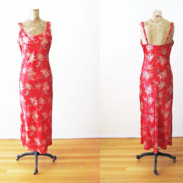90s Red Satin Slip Dress S - Floral Negligee - Long Lingerie Dress - 1990s Vintage Satin Bias Cut Slip Sundress 