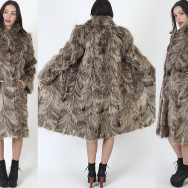 80s Luxe Shaggy Raccoon Fur Jacket, Plush Brown Shawl Collar Stroller Coat, Full Length Heavyweight Warm Overcoat 