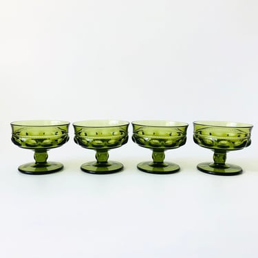 Vintage Green Indiana Glass Kings Crown Coupe Glasses - Set of 4 