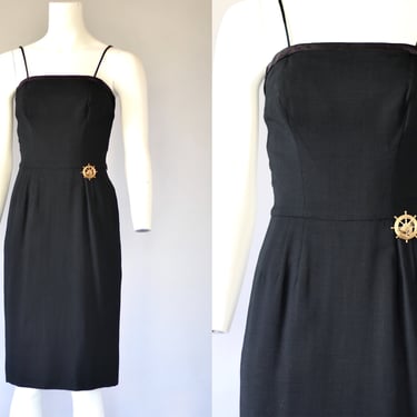 1950s Linen Camisole Bodice Sheath Dress - Vintage Jay Thorpe Semi Formal Black Dress - XS 