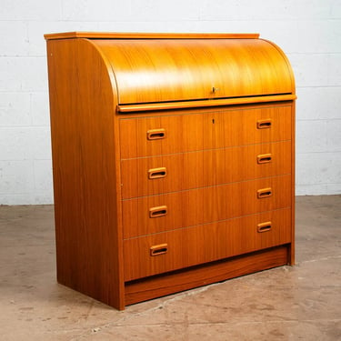 Mid Century Danish Modern Desk Rolltop Secretary File Teak Wood Denmark Vintage