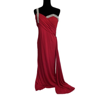 VICTORIA ROYAL 90s Vintage Designer Red Dress, One Strap Red Dress, Rhinestone Dress, Vintage Evening Gown, Vintage Prom Dress, Evening Wear 