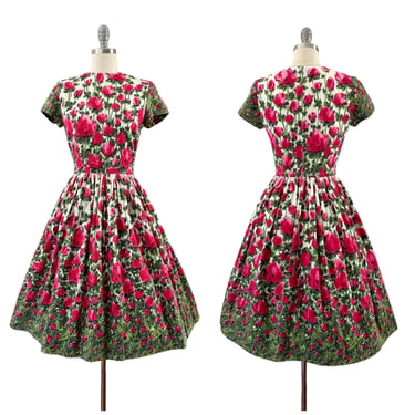 50s Pink Ombré Floral Print Cotton Sun Dress / 1950s Vintage Novelty Print Summer Dress / Small / Size 4 