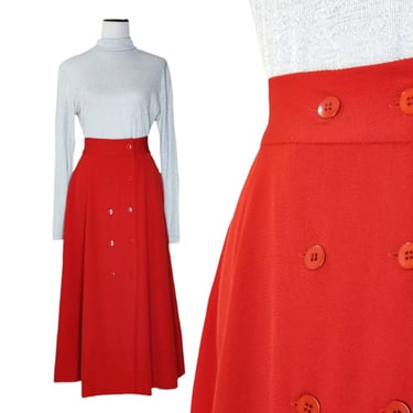 Vintage Red Button Skirt, Medium / Flared Long Wool Maxi Skirt with Pockets / 1940s Style Hostess Skirt 