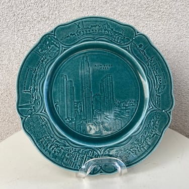 Vintage mid century New York City NY souvenir historical plate green china raised imprint size 10.5” x 1/2” 
