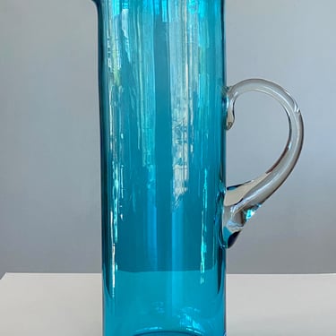 Tall Blue Glass Blenko Pitcher Vase 