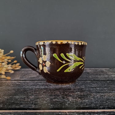 French Vintage Large Cup Glazed Stoneware from Alsace, Old Glazed Terracotta Breakfast Cup, Enameled Ceramic  Cup with Handle 