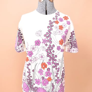White 60s Tee with Pink and Purple Groovy Doodled Flowers, L
