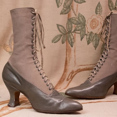 Antique Shoes - Size 4 4.5 - Stunning Unworn Vintage 1900s Edwardian Boots in Grey Canvas and Leather 
