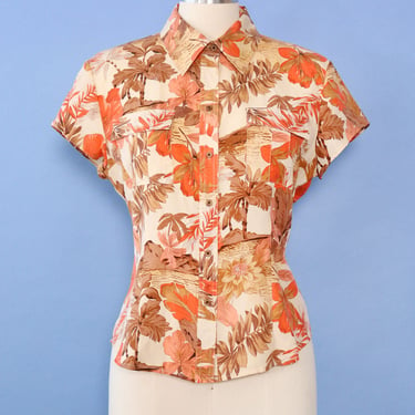 Coral Cream Silk Botanical Blouse L