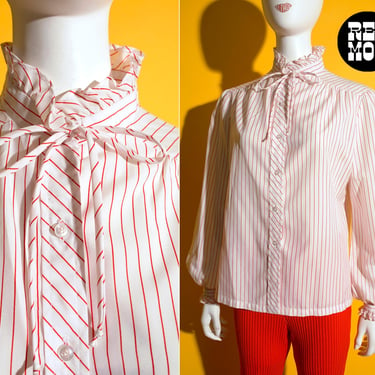 Sassy Vintage 70s 80s White & Red Pinstripe Long Sleeve Blouse with Ruffle Tie Collar 