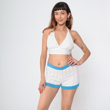 Vintage Head Knit Tennis Shorts 80s White Striped Pointelle Openwork High Waisted Hot Pants Retro 1980s Hipster Ringer Hotpants Blue Small S 