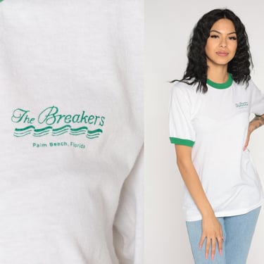 The Breakers T-Shirt 80s Palm Beach Florida Shirt Retro Ringer Tee Tourist Vacation Beach Resort Tshirt White Green Vintage 1980s Medium M 