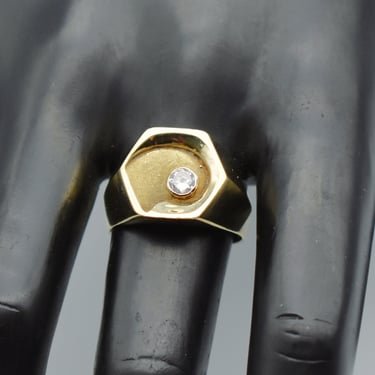 50's Modernist CZ gold plate size 9.5 ring, textured asymmetrical face cubic zirconia men's solitaire 