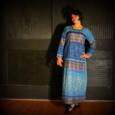 Boho Hippie / Hippy Tunic Dress SMALL MEDIUM Ethnic 1970s Vintage Maxi Dress Embroidered Cotton Paisley Long Sleeve Blue Gold Indian Kameez 