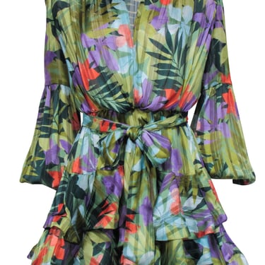 Bronx &amp; Banco - Green w/ Multi Color Tropical Print Ruffled Hem Mini Dress Sz 4