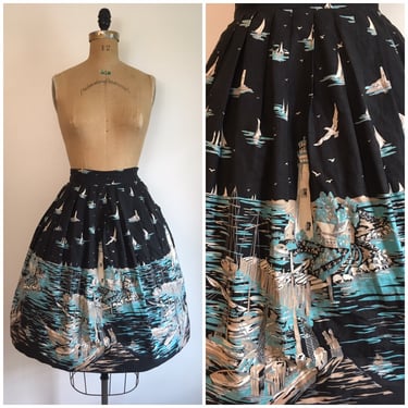 Vintage 1950s Lighthouse Scenic Novelty Print Border Skirt 50s Cotton Dirndl Skirt 