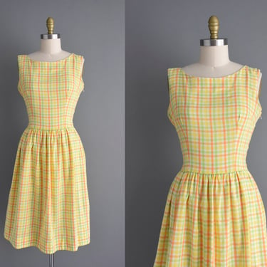 1950s dress | Sherbet Yellow & Orange Plaid Print Cotton Summer Day Dress | Medium | 50s vintage dress 