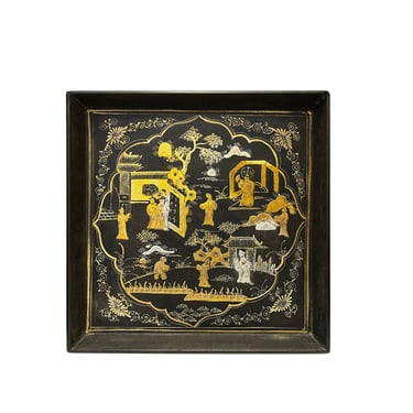 Chinoiserie Golden Graphic Black Lacquer Square Display Disc Plate Tray ws2749E 