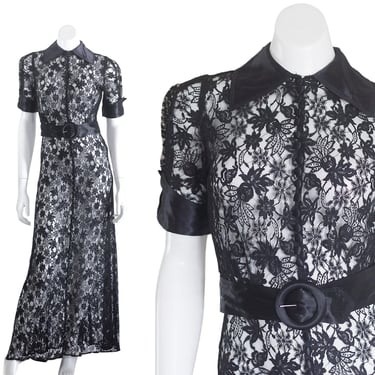 1930s black lace dress with satin collar and belt and matching slip 