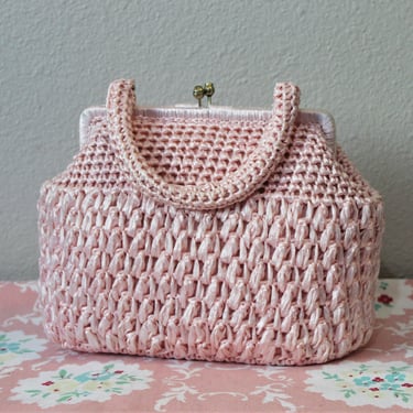 Vintage 50s 1960s PINK Straw Raffia Lunch Pail lunch box Purse Handbag MCM  Made in Japan Handle Purse Used NOS 