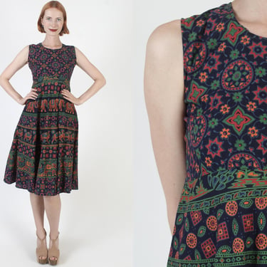 Vintage India Block Print Dress, Womens Cotton Indian Sundress, 70s Long Ethnic Elephant Hippie Midi 