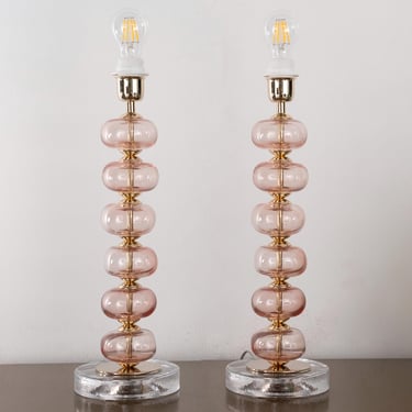 Set of 2 Murano glass table lamp, pink color spheres with pure clear glass base, height 45 cm handmade Made in Italy 