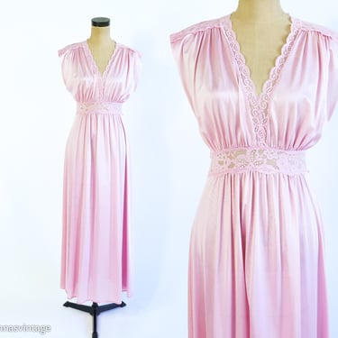 1970s Pink Nylon Nightgown l 70s Pink Long Maxi Nightgown l Olga l Medium 