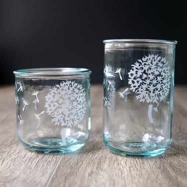 Recycled Glass Cup - Dandelion Seeds eco glass tumbler for drinking or candles 