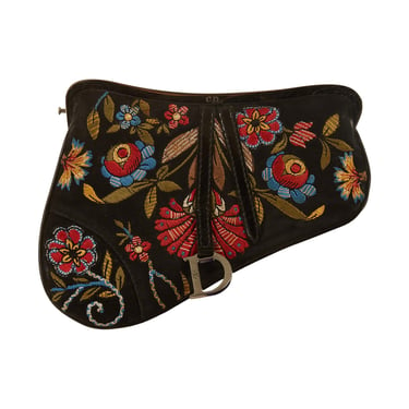 Dior Black Floral Embroidered Mini Saddle Clutch