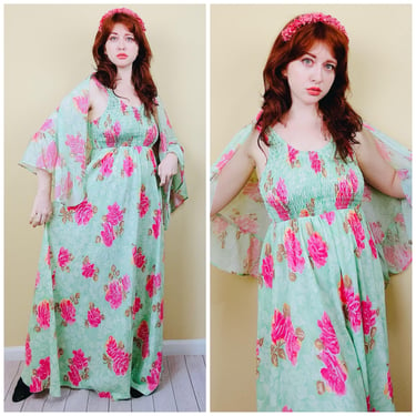 1970s Vintage Mint Green Polyester  Smocked Trapeze Dress / 70s Elastic Empire Waist Pink Floral Dress With Matching Shawl / Medium - Large 