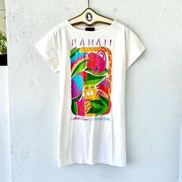 Vintage Laurel Burch Hawaii Cat Graphic Tshirt 90s Hawaiian T Shirt White Dress Tunic Swimsuit Coverup 