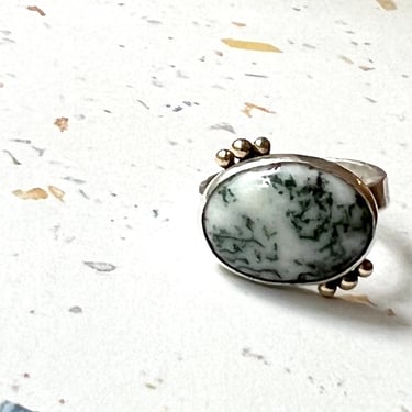 Moss Agate Silver and 14k Gold Pebble Statement Ring Size 9 