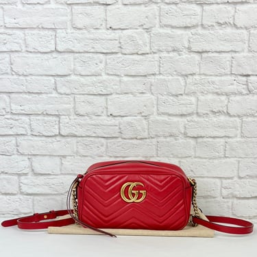 GUCCI GG Marmont Camera Small Quilted Leather Bag, Red