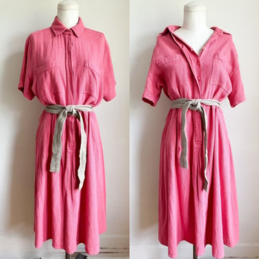 Vintage 1980s L.L.Bean Coral Woven Cotton Shirt Dress / L 