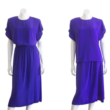 1980s purple two piece blouse and skirt NOS 