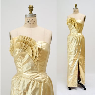 Gold Metallic 80's Prom Dress Size Small// Vintage Gold Strapless Evening Gown Mike Benet Size Small Barbie Costume Gold Party Dress 