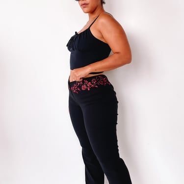 Y2k Low Rise Embroidered Rose Pants, 34" waist.