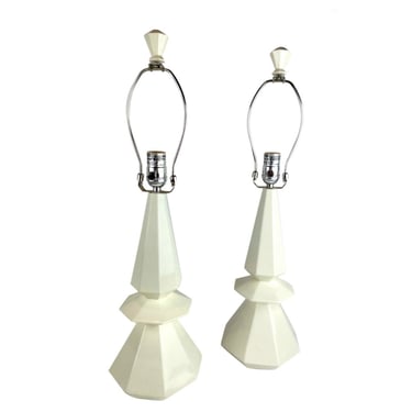 Contemporary Vintage White Multifaceted Glazed Ceramic Table Lamps - a Pair 