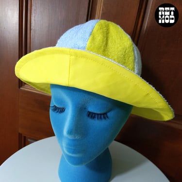 Fun Sunny Happy Vintage 70s White, Blue, Yellow Terrycloth Hat - Yellow 