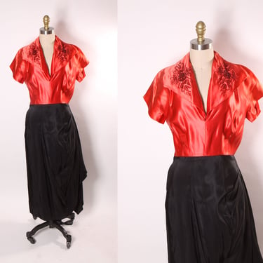 1940s Red Satin and Black Short Sleeve Floral Rose Beaded Draped Hip Dress by Rembrandt -M 